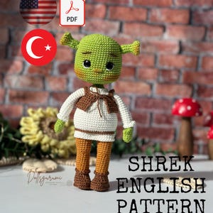 May include: Crochet pattern for a green Shrek amigurumi doll. The pattern is available in English and is a PDF download.