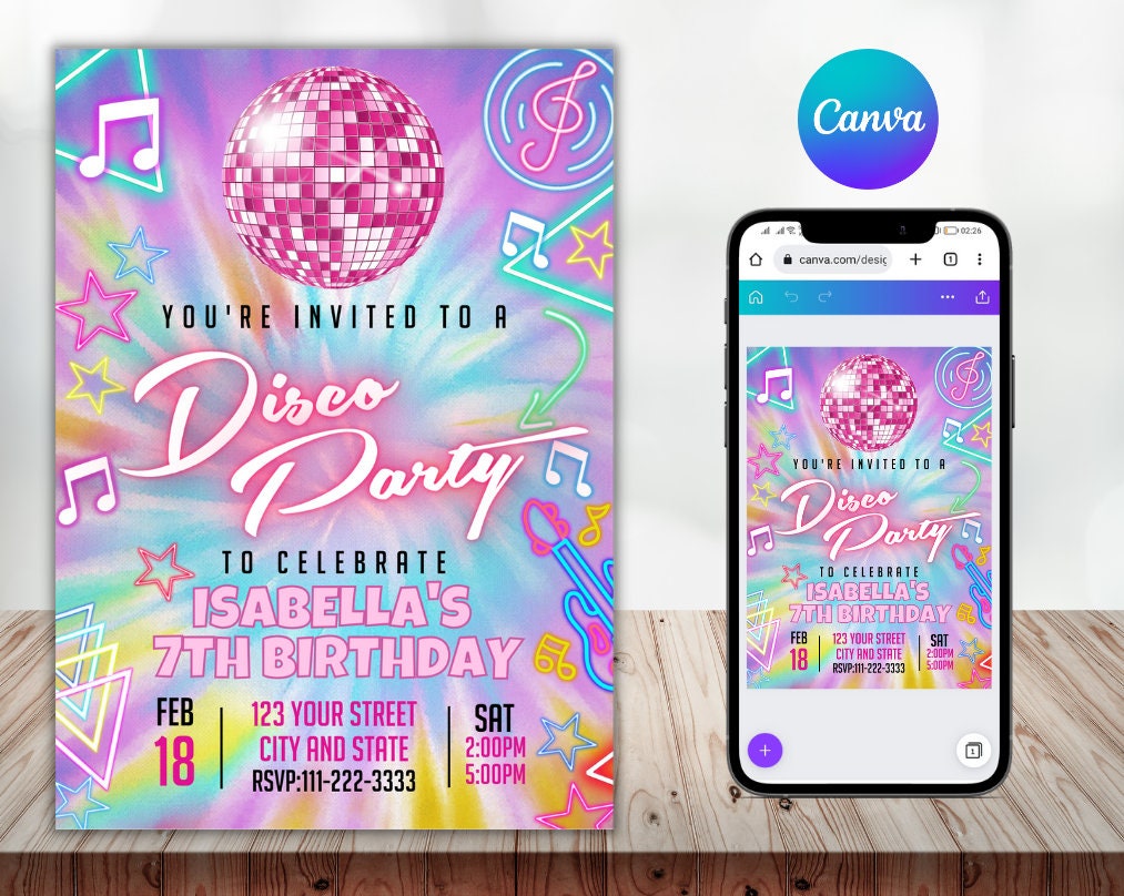 Editable Disco Party Invitation Tie Dye Disco Party Invitation Glow Tie