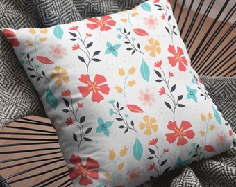Square Boho Floral Throw Pillow | Cottagecore Home Decor Floral Accent Pillow | Vibrant Euro Sham Couch Pillow