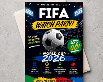 Convite para festa temática da FIFA | Convite de futebol editável no Canva | Convite para festa da FIFA 2026