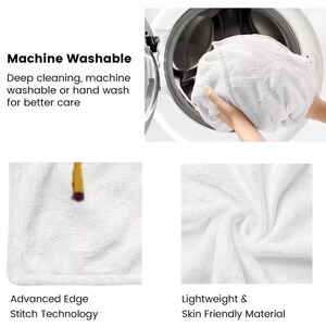 May include: A white plush blanket featuring advanced edge stitch technology and a lightweight, skin-friendly material. The text Machine Washable, Deep cleaning, machine washable or hand wash for better care, Advanced Edge Stitch Technology, and Lightweight & Skin Friendly Material are visible.