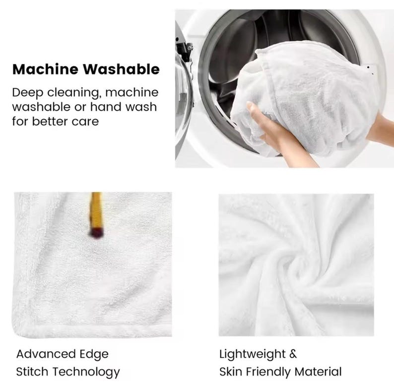 May include: A white plush blanket featuring advanced edge stitch technology and a lightweight, skin-friendly material. The text Machine Washable, Deep cleaning, machine washable or hand wash for better care, Advanced Edge Stitch Technology, and Lightweight & Skin Friendly Material are visible.