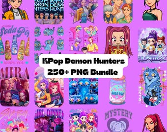 Pacote de PNGs de Kpop – Mais de 250 cliparts digitais para download | Demon Hunter, Saja Boys e Huntrix Girls, designs de sublimação de Kpop