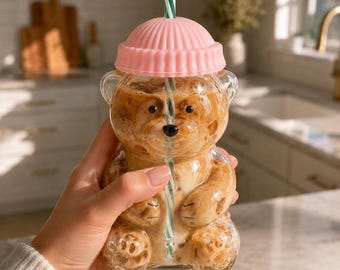 Pink Bear Glass Cup with Lid & Straw, 20 oz Iced Coffee Glass, Cute Aesthetic Coffee Cup Gift