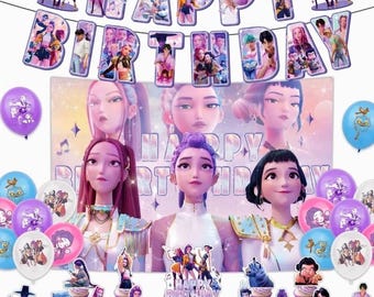 Kit de Aniversário Kpop Demon Hunters - Banner de Feliz Aniversário e Balões HUNTR/X
