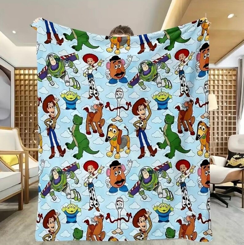 Toy Story Inspired Character Blanket, Cartoon Cowboy Space Ranger Throw, Kids Fleece Blanket, Movie Fan Bedroom Gift image 1