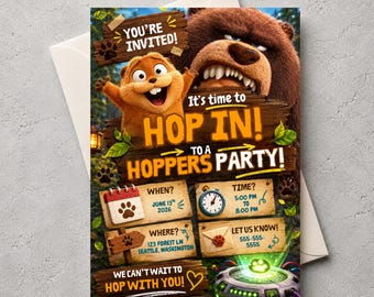 Convite digital editável para aniversário do Hoppers, convite para festa do Hoppers, convite de aniversário com tema de animais da floresta.