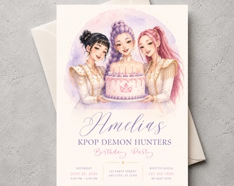 Convite de aniversário inspirado em Caçadores de Demônios K-Pop, modelo editável no Canva, convite para festa de aniversário feminina.