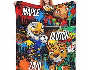 Manta com mascote da Copa do Mundo de 2026, manta de futebol com grafite, manta infantil Maple Zayu Clutch, decoração para presente de fã de futebol.
