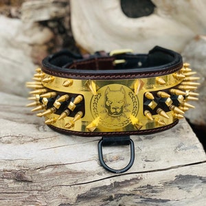 Adjustable Gold Copper Engraved Leather Studded Dog Collar with Spikes for Dogs