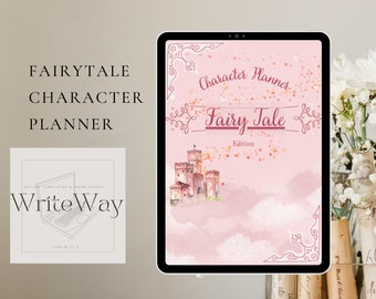 May include: A pink digital planner with a watercolor illustration of a castle and clouds. The text "Character Planner Fairy Tale Edition" is on the screen.
