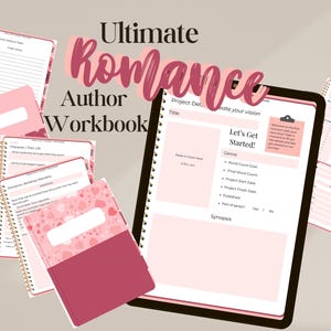 May include: A selection of pink workbooks and notebooks with gold spiral binding. The text "Ultimate Romance Author Workbook" is displayed in a pink script font. The workbooks have heart patterns and fill-in-the-blank pages.
