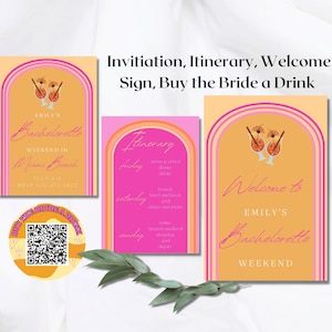 Peut inclure: Un ensemble de trois cartes imprimables pour un enterrement de vie de jeune fille. La premi&egrave;re carte est une invitation avec le texte "Emily's Bachelorette Weekend in Miami Beach". La deuxi&egrave;me carte est un itin&eacute;raire avec le texte "Itinerary" et liste les activit&eacute;s pour le vendredi, le samedi et le dimanche. La troisi&egrave;me carte est une pancarte de bienvenue avec le texte "Welcome to Emily's Bachelorette Weekend". Les trois cartes ont un sch&eacute;ma de couleurs rose et orange avec un design d'arche arc-en-ciel.