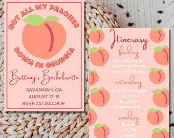 Invitación e itinerario de la despedida de soltera de Georgia Peach, Invitación de despedida de soltera de Peachy Bride, Savannah Georgia Bach, donde están mis melocotones,