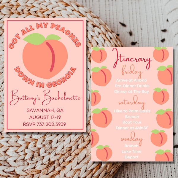 Georgia Peach Bachelorette Party Invitation & Itinerary, Peachy Bride Bachelorette Invite, Savannah Georgia Bach, where my peaches at,