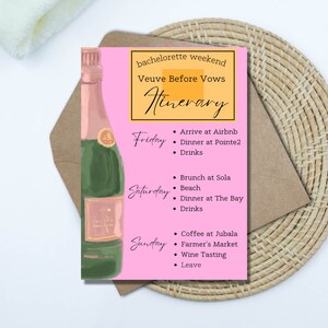 Veuve Before Vows Bachelorette Itinerary, Champagne Themed Bachelorette, last Rendezveuve, 3 Day Bachelorette Itineary, Canva template