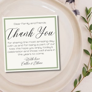 Tarjeta de agradecimiento de boda verde salvia, tarjeta de agradecimiento de boda mínima cuadrada, servilleta de agradecimiento, carta de agradecimiento moderna, plantilla editable