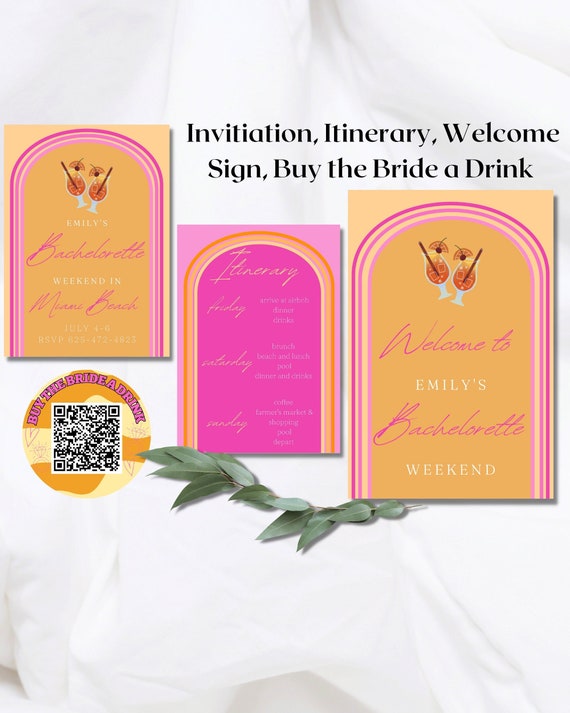 Tequila Sunrise Bachelorette Party Package, Colorful Bach Invitation & Itinerary, Bachelorette Welcome Sign, Buy the Bride a Drink Sticker