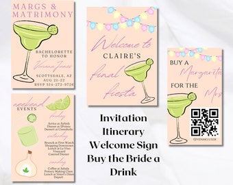 Modèle d’invitation Margs and Matrimony Bachelorette, itinéraire final Fiesta Bachelorette, panneau de bienvenue Bachelorette, achetez un verre à la mariée