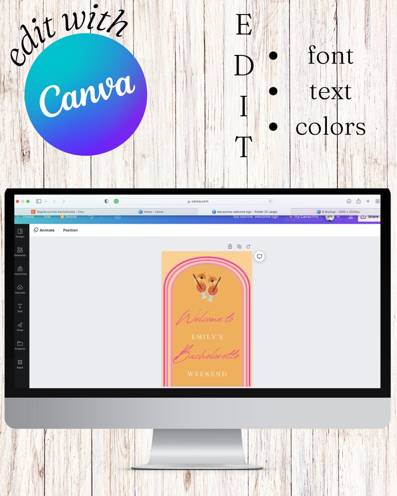 Peut inclure: Un &eacute;cran d'ordinateur affichant un mod&egrave;le de conception num&eacute;rique pour une pancarte de bienvenue pour un enterrement de vie de jeune fille. La pancarte pr&eacute;sente un fond jaune avec des rayures roses et orange, deux cocktails roses avec des parapluies et le texte "Bienvenue au week-end d'enterrement de vie de jeune fille d'Emily".