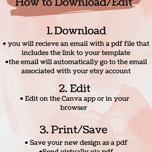 Peut inclure: Un arri&egrave;re-plan aquarelle rose et blanc avec du texte noir expliquant comment t&eacute;l&eacute;charger et modifier un mod&egrave;le num&eacute;rique. Le texte dit "Comment t&eacute;l&eacute;charger/modifier", "1. T&eacute;l&eacute;charger", "Vous recevrez un e-mail avec un fichier PDF qui comprend le lien vers votre mod&egrave;le", "L'e-mail ira automatiquement &agrave; l'e-mail associ&eacute; &agrave; votre compte Etsy", "2. Modifier", "Modifier sur l'application Canva ou dans votre navigateur", "3. Imprimer/Enregistrer", "Enregistrer votre nouvelle conception au format PDF", "Envoyer virtuellement via PDF", et "Imprimer et envoyer".