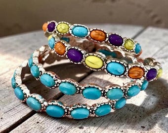 Turquoise Stone Hoop Earrings, Boho Hoop Earrings, Southwestern Jewelry,  2 pairs Western Cowgirl Earrings, Turquoise Jewelry Gift for Her