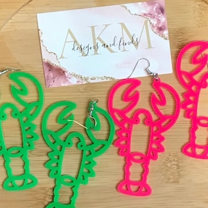 Large neon pink/green resin crawfish/crayfish earrings, lightweight statement earrings, crawfish boil