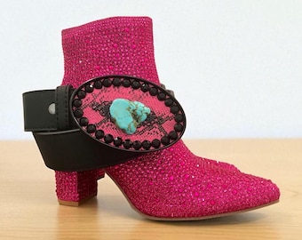 Decorative Western Belt Buckle, Bling Cowgirl Buckle, Crystal, Pink, & Turquoise Belt Buckle