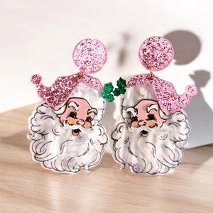 Resin Santa earrings, vintage Santa, pink santa, secret Santa gift,s925 sterling silver, hypoallergenic earrings,3 dimensional layered resin