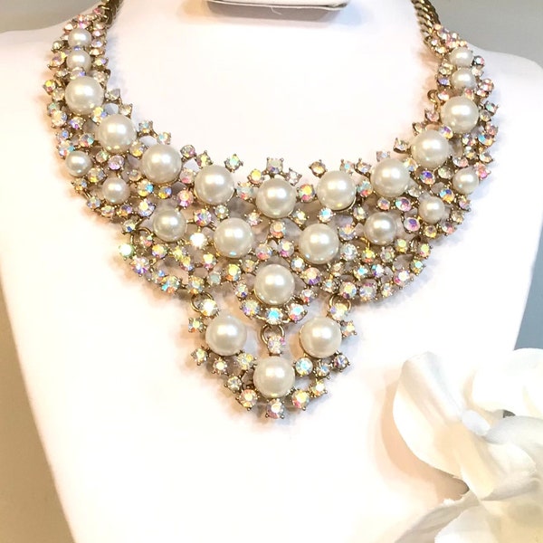 Stunning pearl and ab crystal bridal necklace, formal necklace