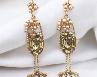 Champagne Pearl Rhinestone Earrings: Sterling Silver Christmas/New Year’s Eve jewelry