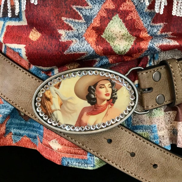 Vintage Western Leather Belt Amber Rhinestone Jeweled Buckle Boho Cowgirl 85cm