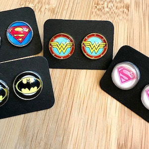 Handmade 12mm cabochon superhero stud earrings, hypoallergenic stainless steel earrings, unisex birthday gifts, custom gifts, personalized