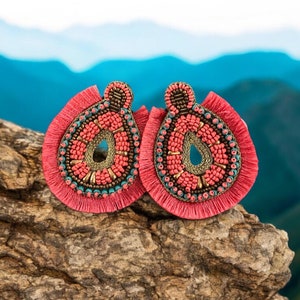Seedbead Fringe earrings, tropical earrings, birthday gifts, Easter jewelry