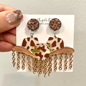 Cowboy hat earrings, rodeo earrings, pierced or clip ons, western wedding, chain earrings, cowgirl earrings, unisex birthday, gifts for her