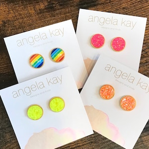 Rainbow, neon 12 mm stud earrings, summer earrings, birthday gifts, handmade druzy earrings, unisex gifts, pink, yellow, orange earrings