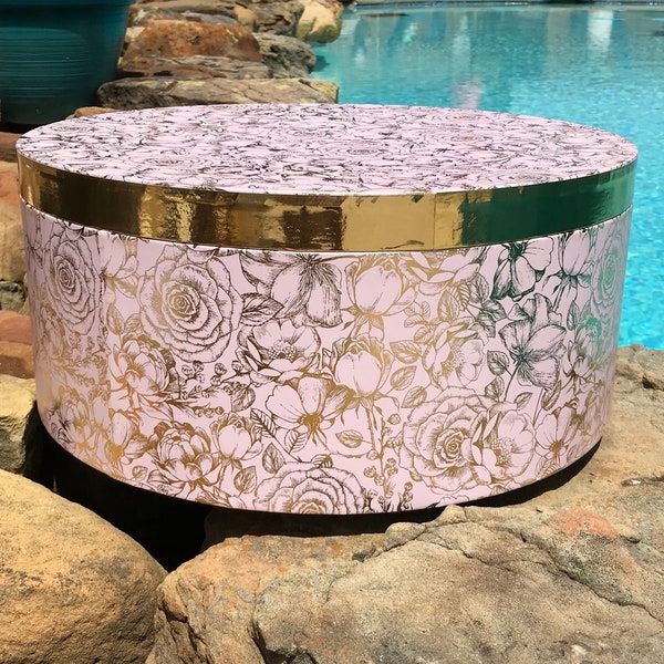 Beautiful extra large pink round gift box with lid, gold embossed floral design, hat box, bridal box