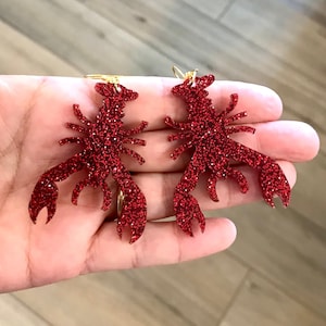 It’s crawfish ya’ll! Red sparkle resin crawfish/crayfish earrings..crawfish boils, 925 hypoallergenic sterling silver hooks, birthday gifts