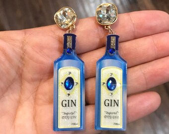 Gin alcohol earrings, blue: Rhinestone Cocktail Jewelry