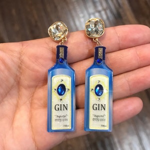 Gin anyone? Blue resin and rhinestone embellished gin bottle earrings, cocktail earrings, alcohol earrings