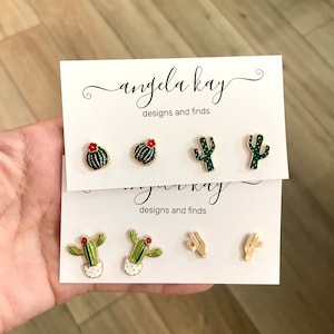 Mini cactus enamel stud earring set, birthday gifts, tiny earrings, tropical cactus earrings; Christmas gifts