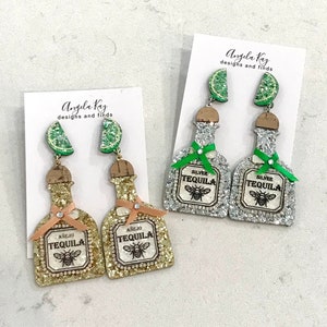 Glitter patron tequila gold/silver earrings, tequila lovers, holiday earrings, lightweight earrings