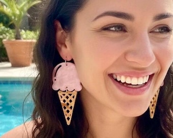 Pendientes kawaii con forma de cono de helado en tonos pastel, pendientes llamativos de verano, plata de ley hipoalergénica