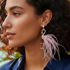 Flamboyant flamingo, Rhinestone Flamingo Earrings with Pink Feathers