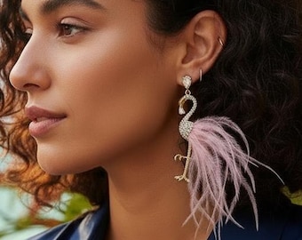 Flamboyant flamingo, Rhinestone Flamingo Earrings with Pink Feathers