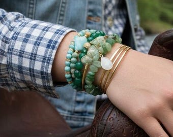 Green Aventurine Stone Bracelet Set, Genuine Gemstone & Glass Beads