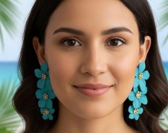 Blue Hibiscus Flower Earrings, Hand painted tropical floral dangle earrings, Beachy summer statement jewelry, Hawaiian style gift for her
