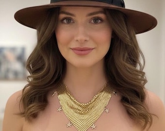 Statement Gold mesh bib necklace embellished with stars, vintage vibes festival jewelry, boho necklace
