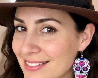 Sugar skull earrings with rhinestones , day of the dead, cinco de mayo, sterling silver