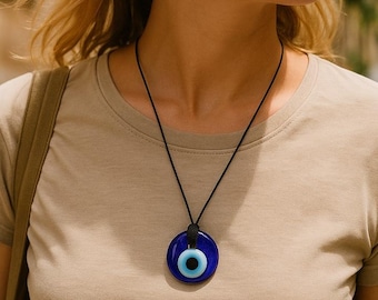 Large Glass Evil Eye Pendant Necklace: Boho Ethnic Jewelry,